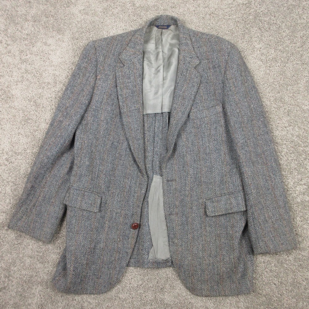 Vintage Harris Tweed Jacket Mens 42 L Gray Herringbone Scottish Wool Blazer READ